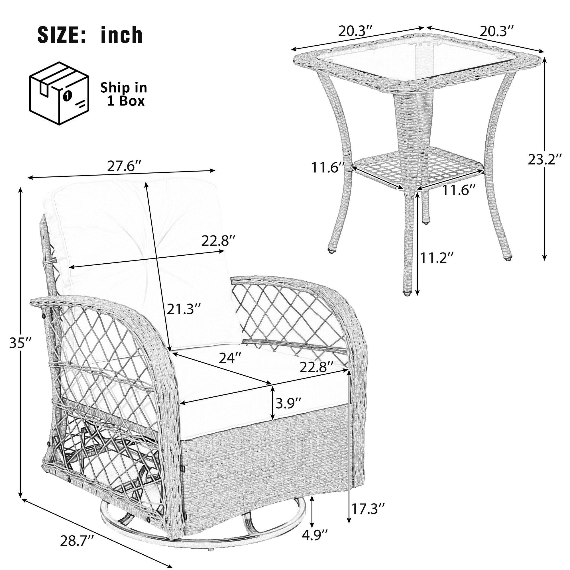 3-teiliges Rattan-Gartenmöbelset in Braun &amp; Weiß – 2 Drehstühle &amp; Glastisch
