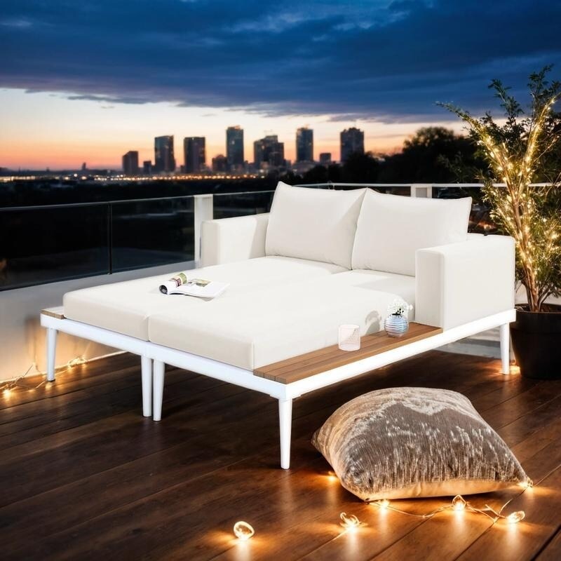 Lit de jour d'extérieur moderne beige 2 en 1 avec espace latéral recouvert de bois