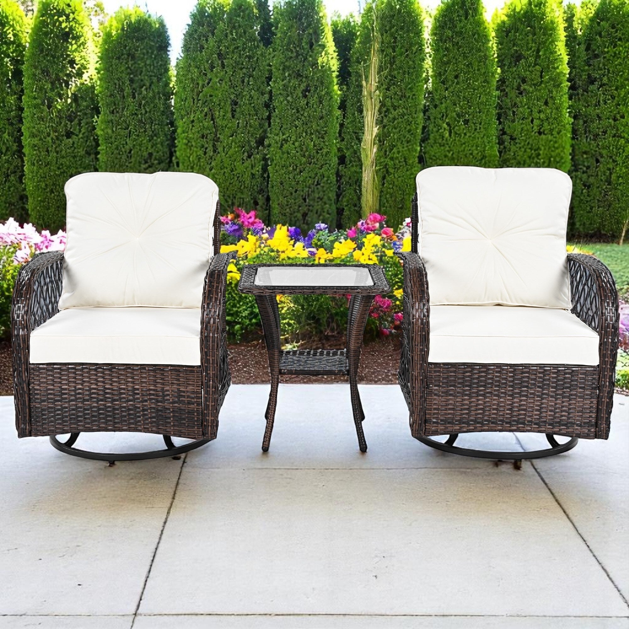 3-teiliges Rattan-Gartenmöbelset in Braun &amp; Weiß – 2 Drehstühle &amp; Glastisch