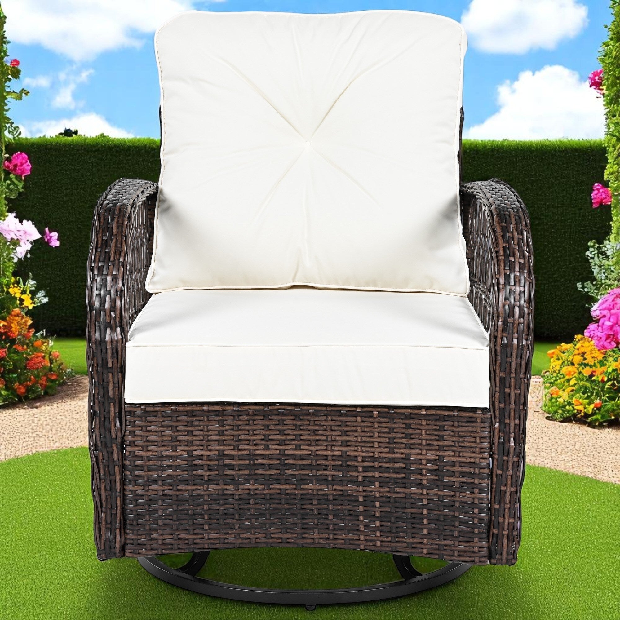 3-teiliges Rattan-Gartenmöbelset in Braun &amp; Weiß – 2 Drehstühle &amp; Glastisch