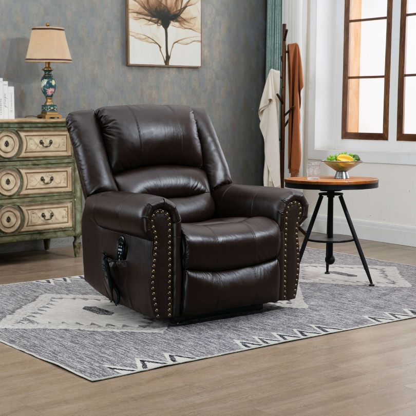 Fauteuil releveur électrique en cuir marron avec port USB, fonction massage chauffant et double moteur