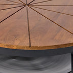 Table basse ronde en fer forgé, plateau en bois naturel, style bohème, fabriquée artisanalement, avec étagère