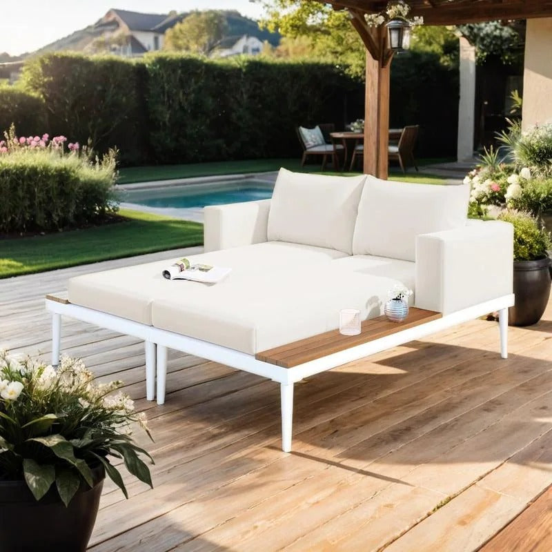 Modern Beige 2-in-1 Outdoor Patio Daybed with Wood Topped Side Space
