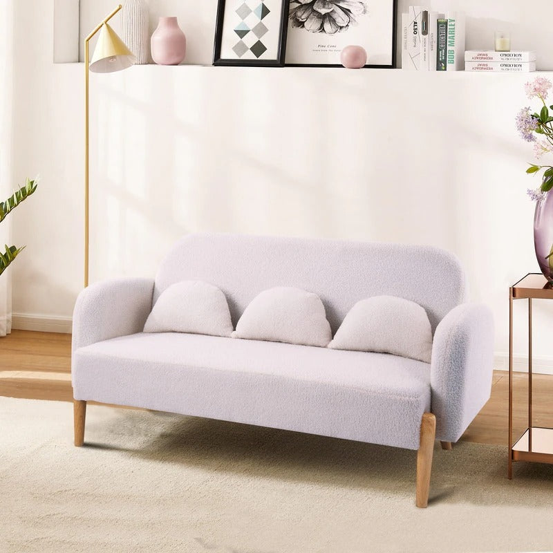 Eckiges, hellbeiges 2-Sitzer-Sofa aus Teddy-Samt mit 3 Lendenkissen