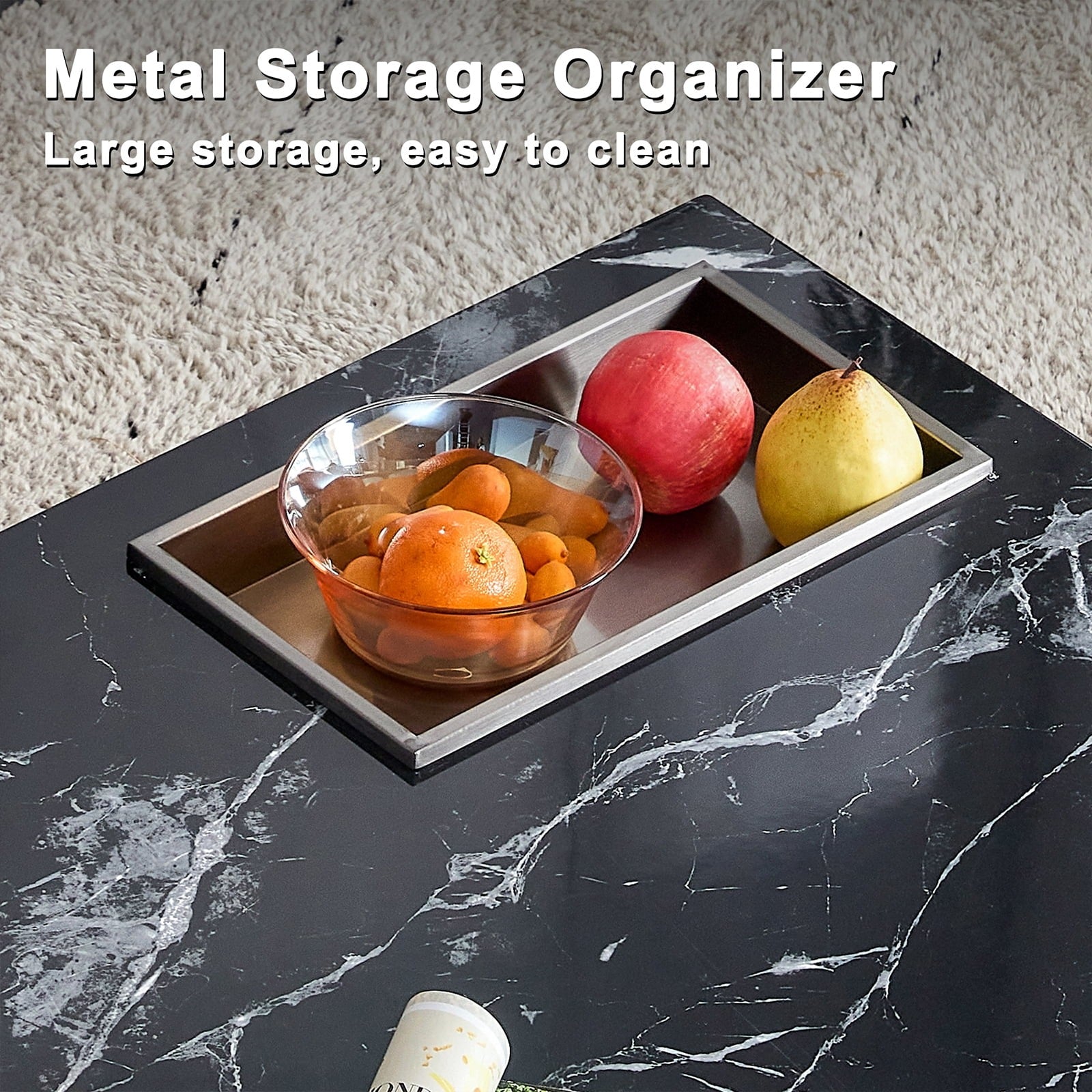 Kompakter quadratischer Couchtisch in Marmoroptik mit Edelstahlablage