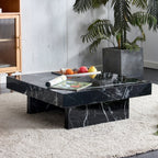 Kompakter quadratischer Couchtisch in Marmoroptik mit Edelstahlablage