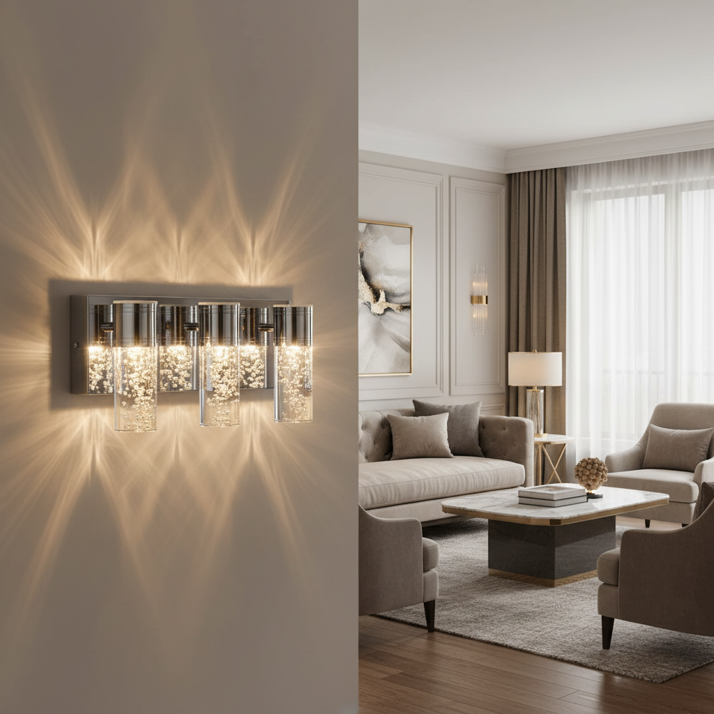 Modern silver LED bathroom vanity light with seeded glass shade - Elirian