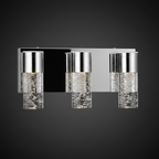Modern silver LED bathroom vanity light with three seeded glass shades - Elirian