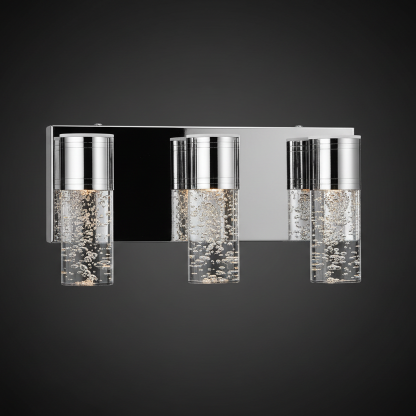 Modern silver LED bathroom vanity light with three seeded glass shades - Elirian