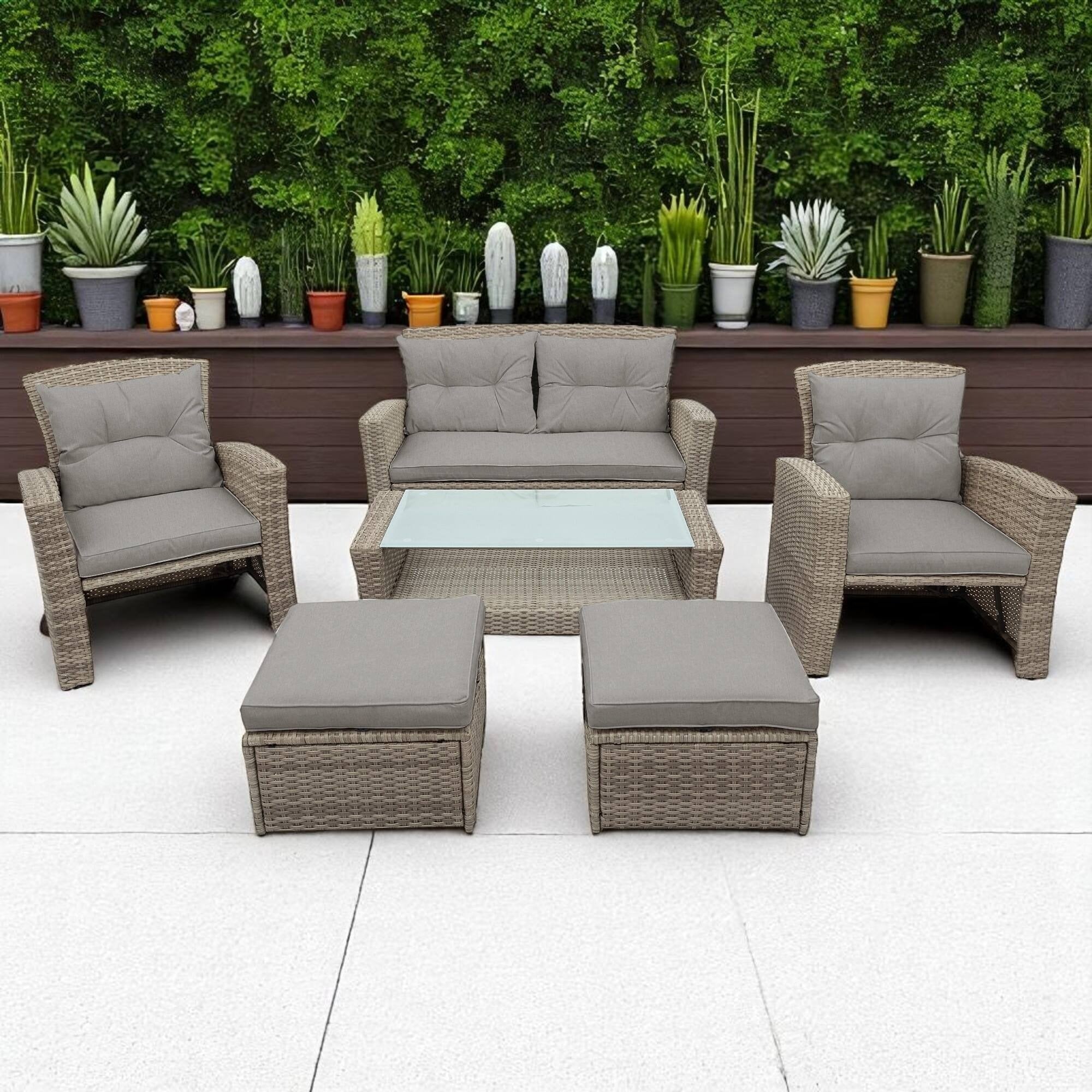 Modern 4-Piece PE Rattan Outdoor Patio Set with Ottoman & Cushions