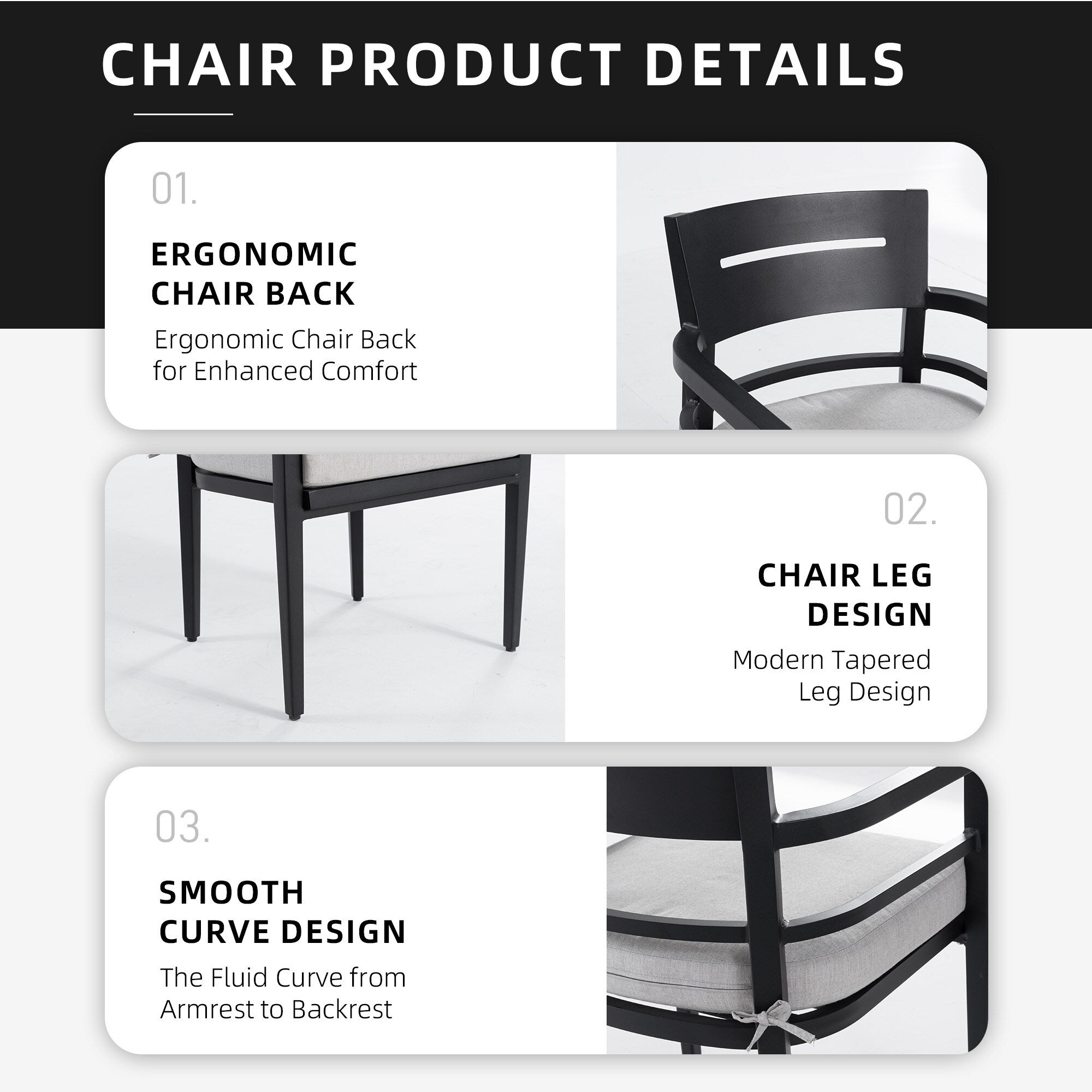 Modern black aluminum dining chair with ergonomic back, tapered legs, and curved armrest design - Elirian