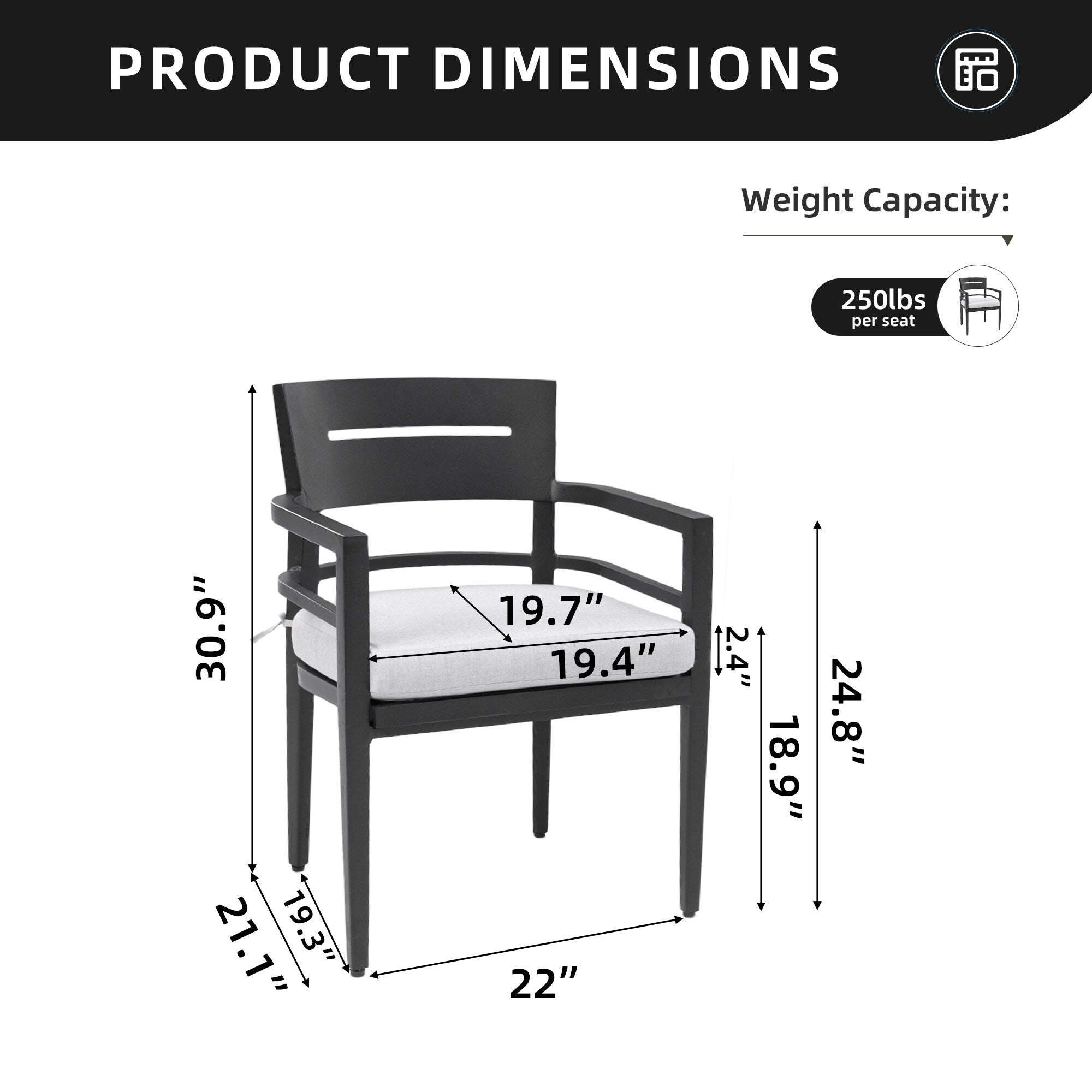 Modern black aluminum outdoor dining chair with cushion, 250lbs capacity - Elirian