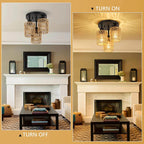 3-light hand-woven rattan flush mount ceiling light on off comparison - Elirian