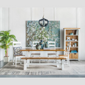 Blue wood and iron farmhouse pendant light with scrolled arms and floral artwork - Elirian