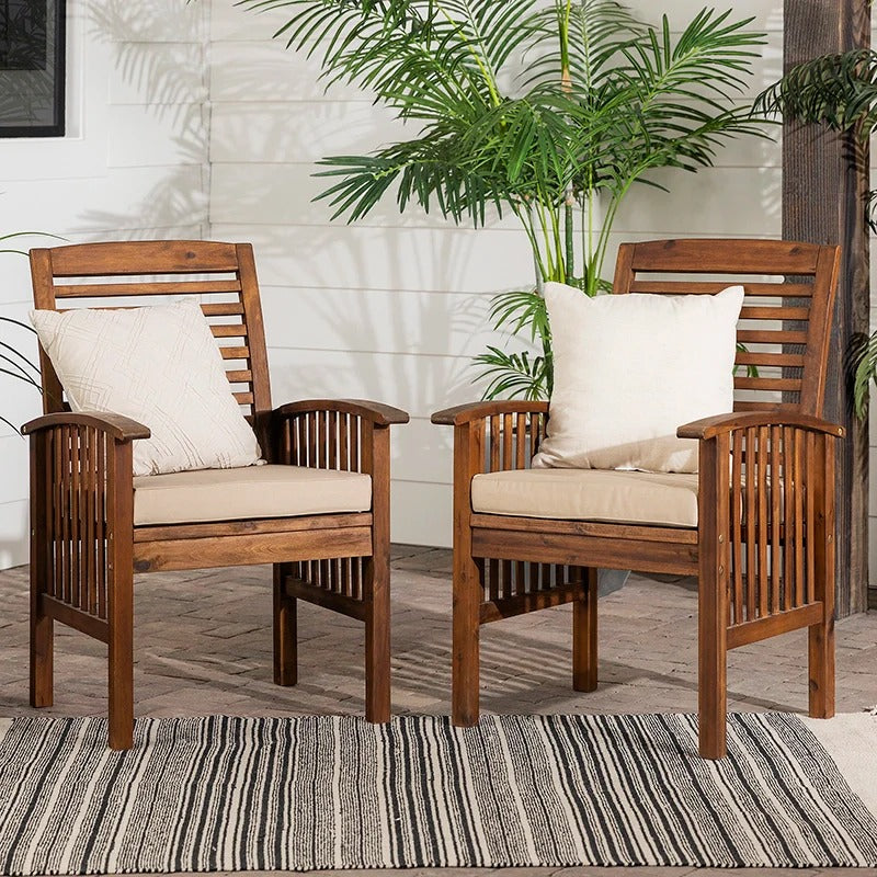 Dark Brown Acacia Wood Slat-Back Patio Chair with Cushions - Set of 2