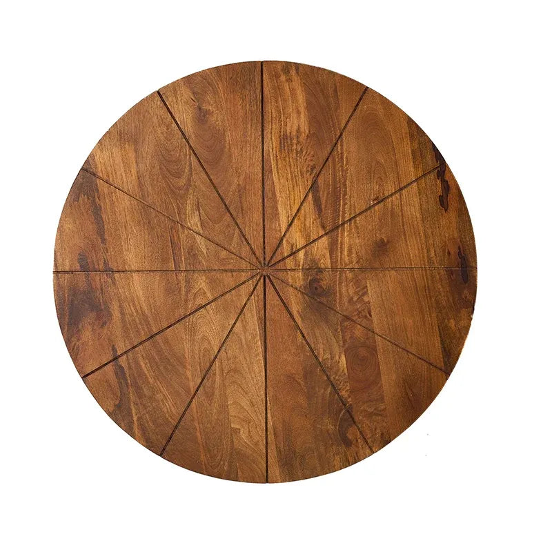 Table basse ronde en fer forgé, plateau en bois naturel, style bohème, fabriquée artisanalement, avec étagère