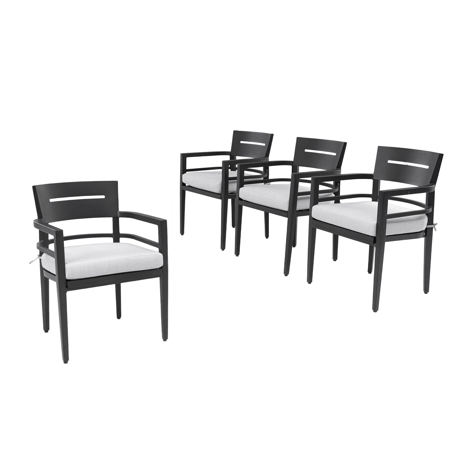Four black aluminum outdoor dining chairs with white cushions and tapered feet - Elirian