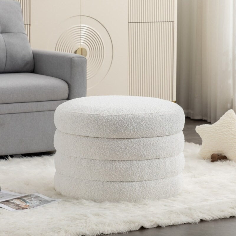 Pouf ottoman rond en boucle souple ivoire avec espace de rangement