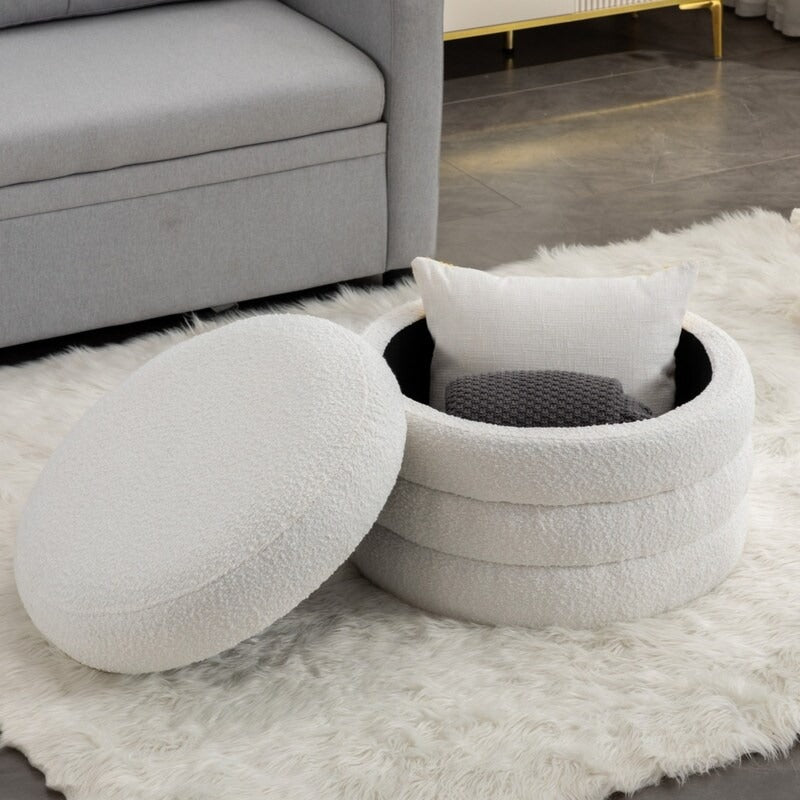 Pouf ottoman rond en boucle souple ivoire avec espace de rangement
