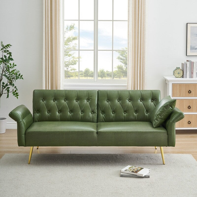 Green Waterproof Upholstered Leather Sofa Bed with Tufted Convertible Design