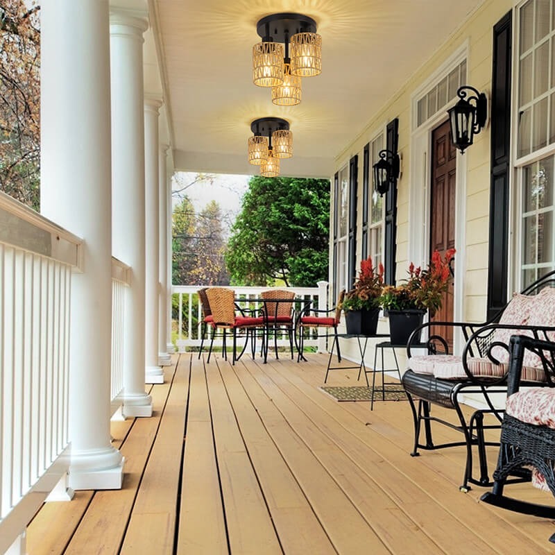 3-light hand-woven rattan flush mount ceiling light illuminating elegant covered porch - Elirian