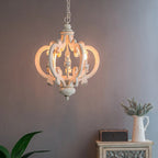 Antique White Wood & Iron 6-Light Farmhouse Pendant Light with Scrolled Arms