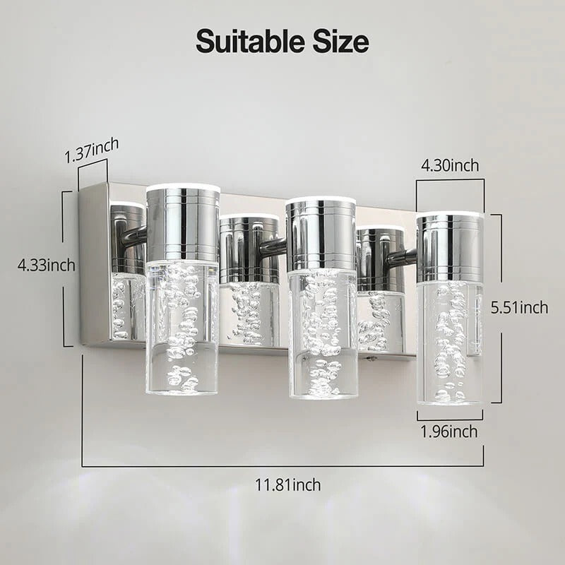 Modern silver LED bathroom vanity light with seeded glass shades and dimensions - Elirian