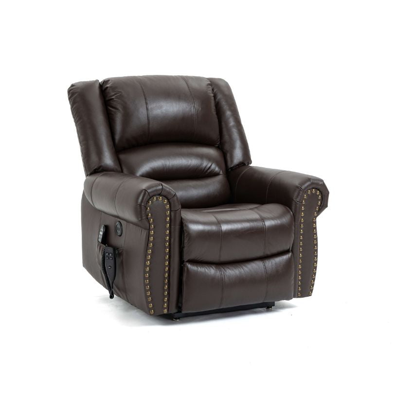 Fauteuil releveur électrique en cuir marron avec port USB, fonction massage chauffant et double moteur