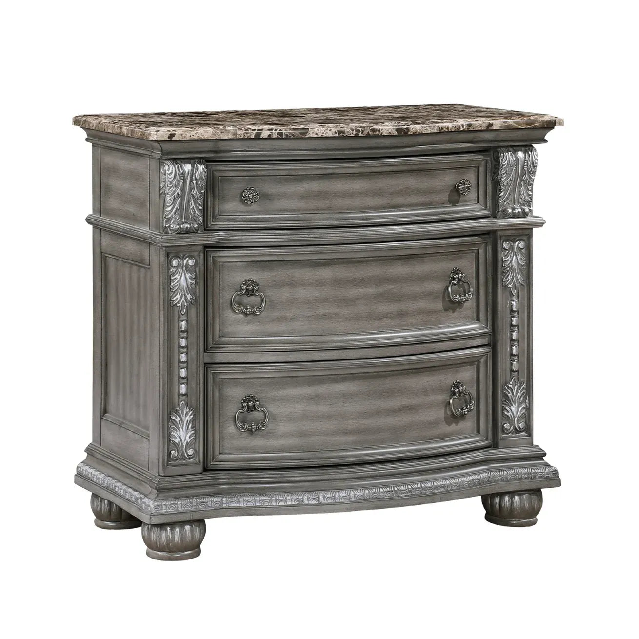 Gray Marble Top Nightstand with 3 Drawers and Carved Wood Details
