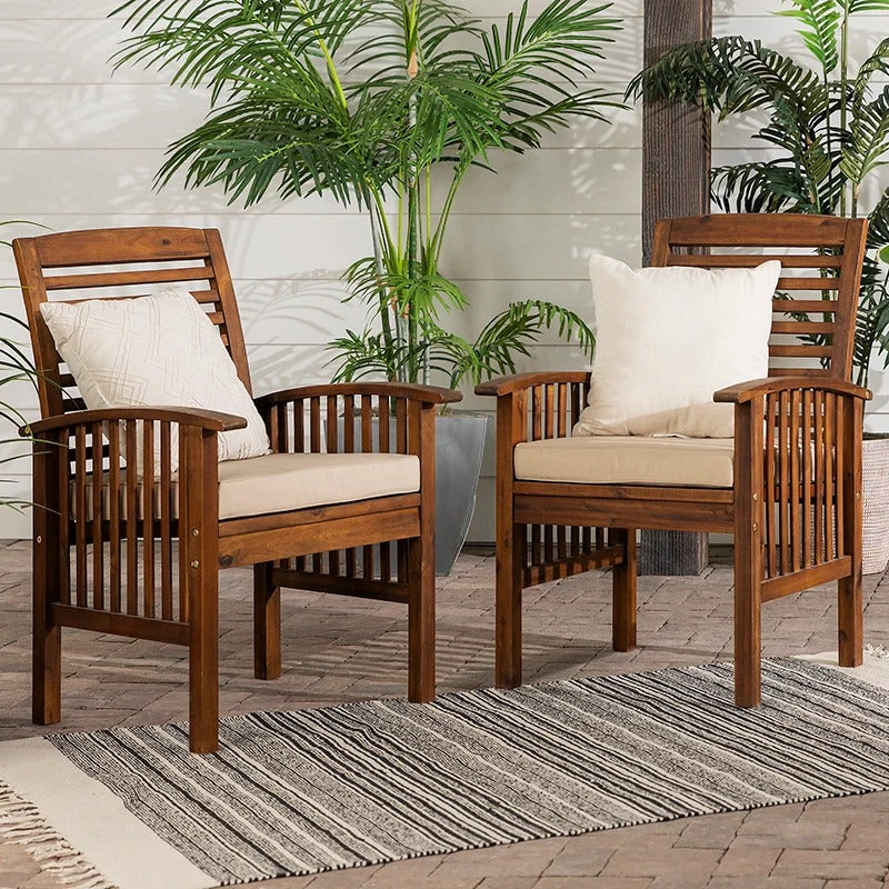 Dark Brown Acacia Wood Slat-Back Patio Chair with Cushions - Set of 2