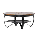 Table basse ronde en fer forgé, plateau en bois naturel, style bohème, fabriquée artisanalement, avec étagère