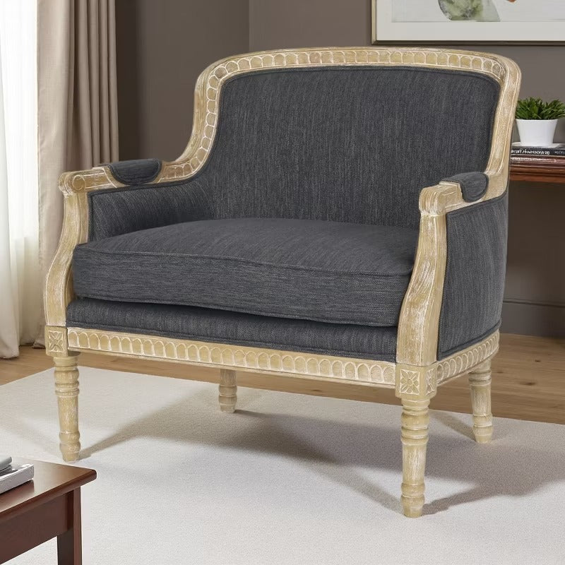 Retro Upholstered Fabric Comfy Chair with Natural Carved Accents
