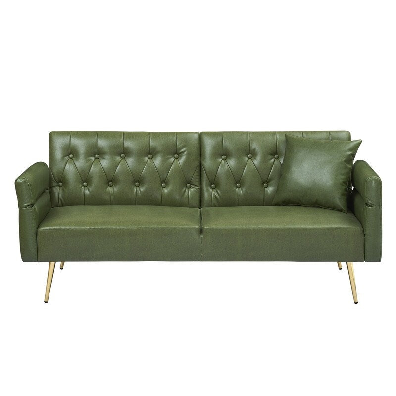 Green Waterproof Upholstered Leather Sofa Bed with Tufted Convertible Design