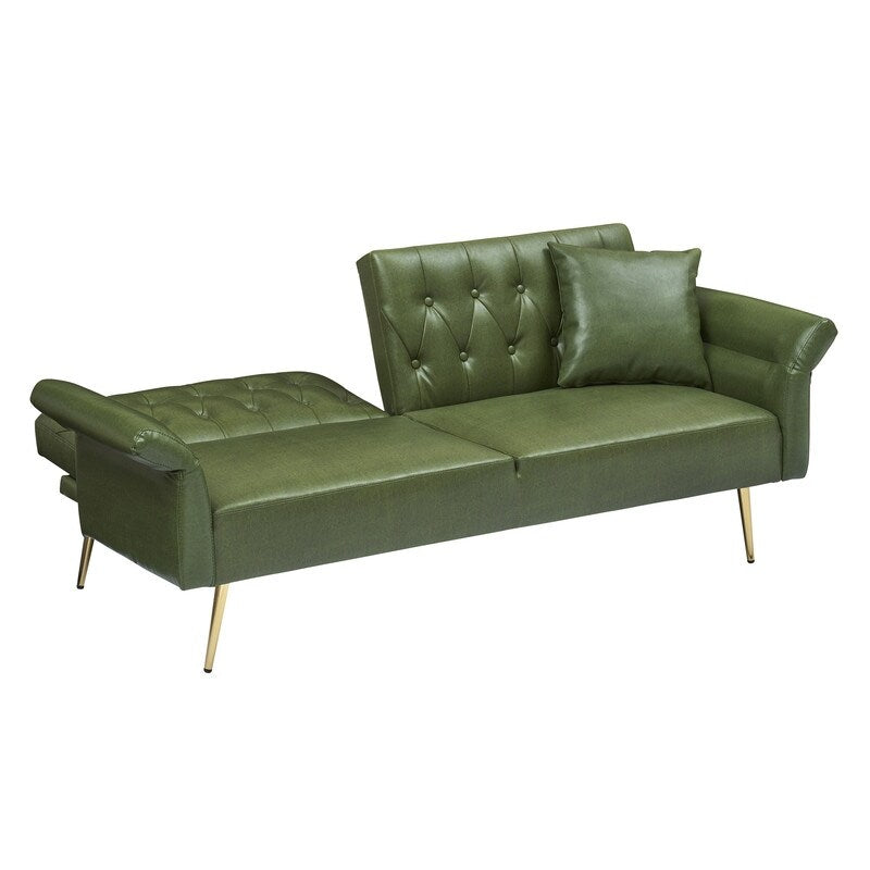 Green Waterproof Upholstered Leather Sofa Bed with Tufted Convertible Design