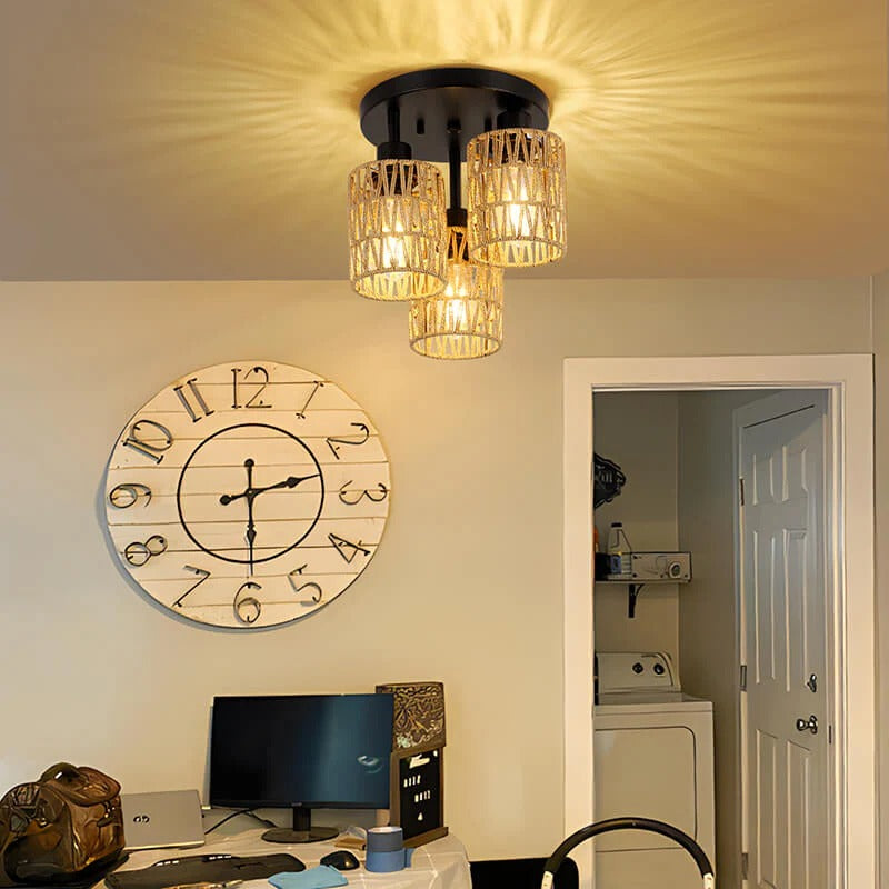3-Light Hand-Woven Rattan Flush Mount Ceiling Light - Natural Boho Fixture - Elirian