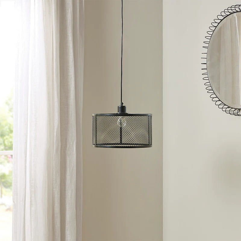 Black drum mesh metal pendant light with adjustable cord for modern home decor - Elirian