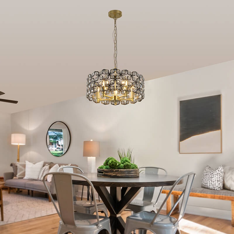 Modern black crystal pendant light with five lights illuminating contemporary dining room - Elirian