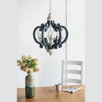 Blue wood and iron farmhouse pendant light with scrolled arms and glass shades - Elirian