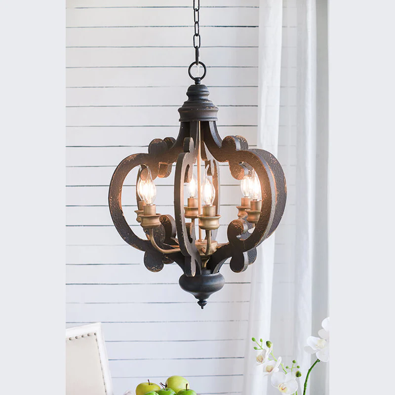 French 6-Light Black Country Wood Pendant Light with Adjustable Chain - Elirian