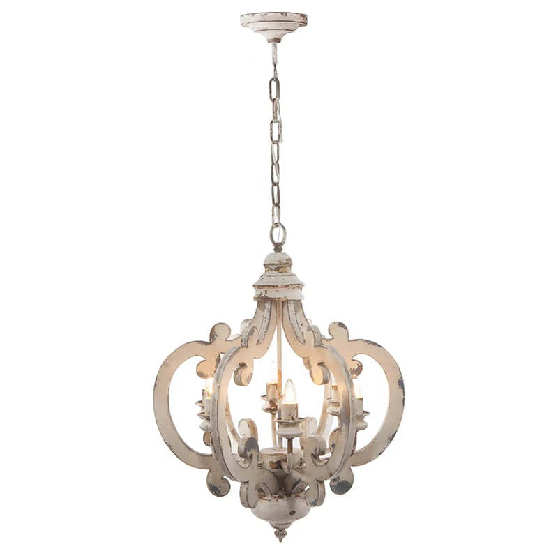 Antique White Wood & Iron 6-Light Farmhouse Pendant Light with Scrolled Arms