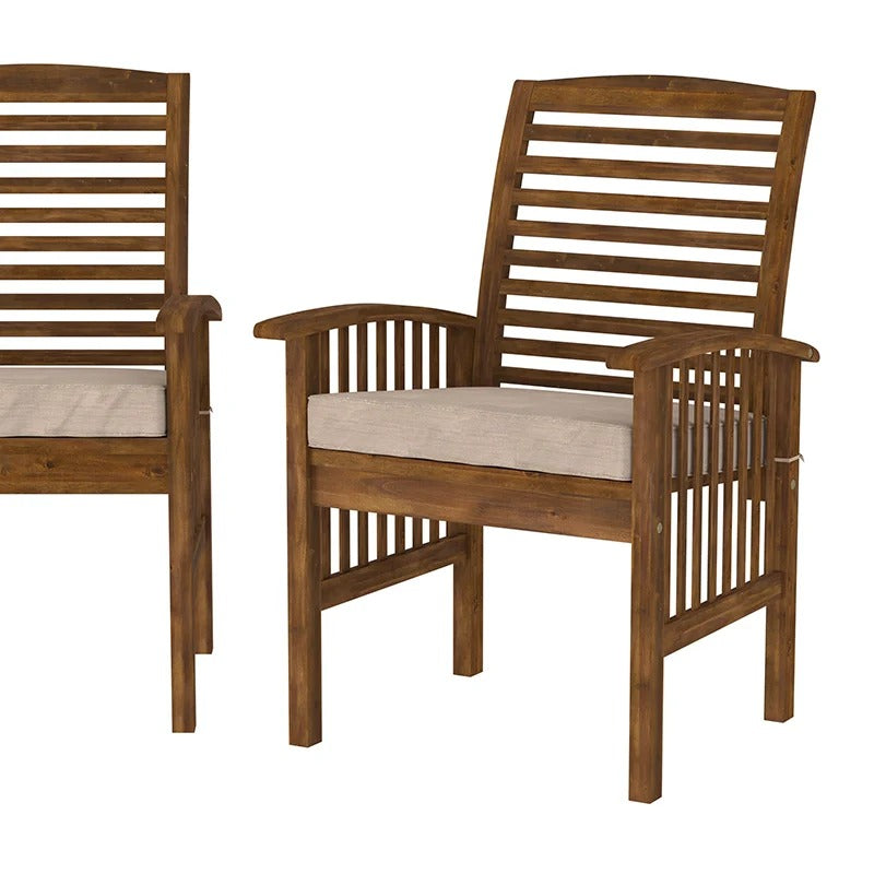 Dark Brown Acacia Wood Slat-Back Patio Chair with Cushions - Set of 2