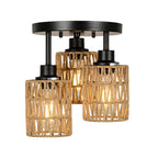 Three-light hand-woven rattan flush mount ceiling light with natural boho design - Elirian