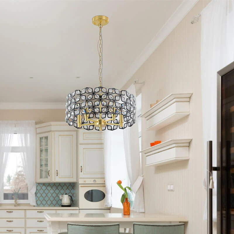 Modern black crystal pendant light with five lights over kitchen island - Elirian