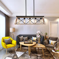 Farmhouse oak wood metal 5-light linear pendant light above living room seating - Elirian