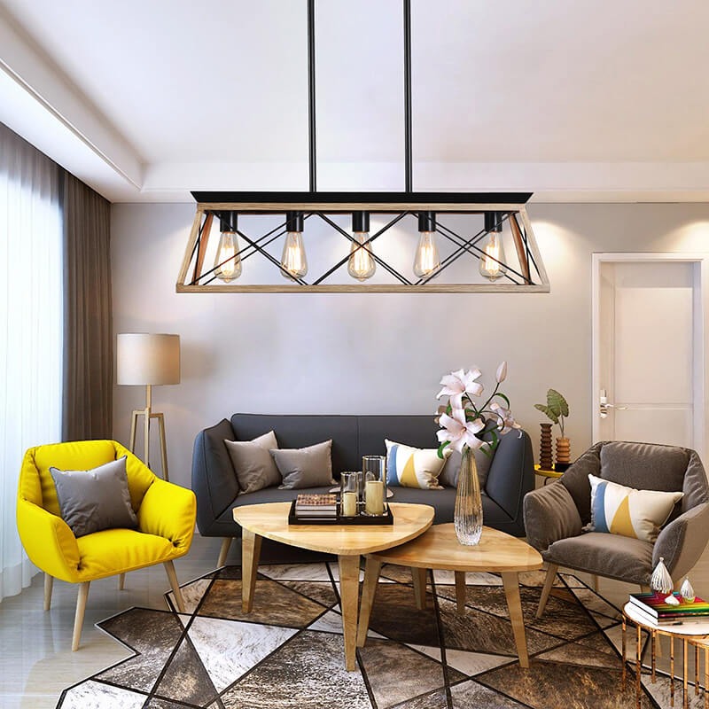 Farmhouse oak wood metal 5-light linear pendant light above living room seating - Elirian