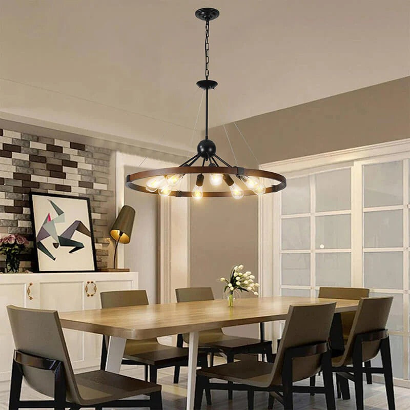 Walnut black farmhouse 8-light wagon wheel pendant chandelier for dining room - Elirian