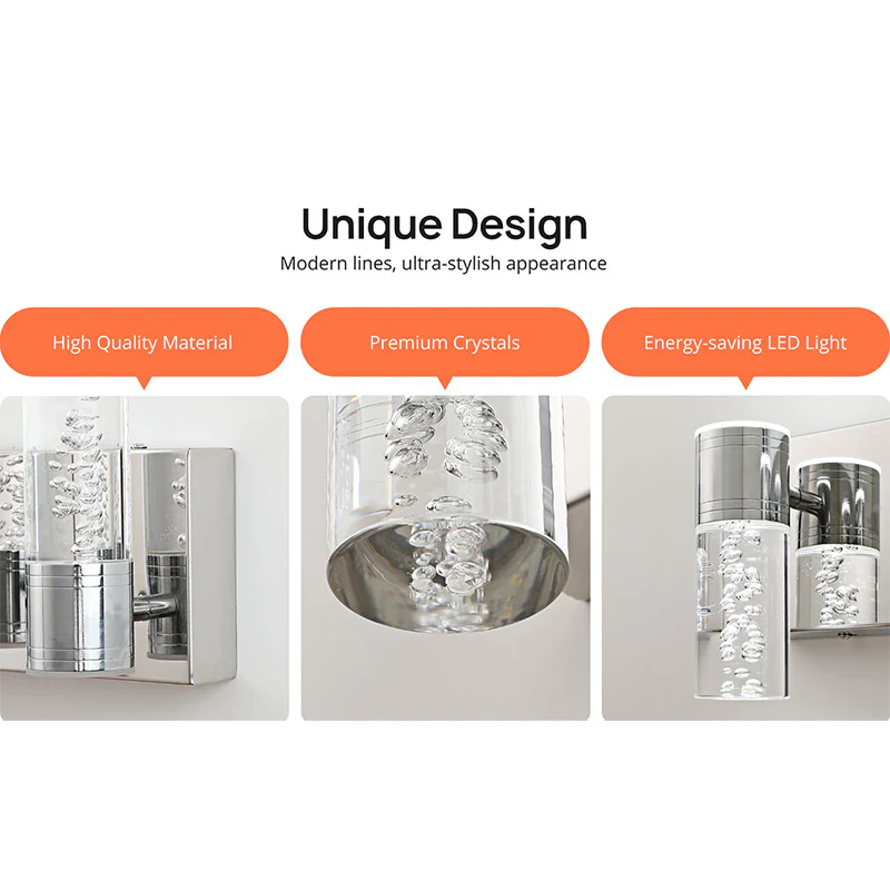 Modern silver LED bathroom vanity light with seeded glass shade - Elirian