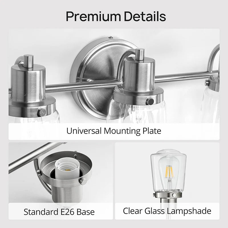 19.6" Silver 3-Light Bathroom Vanity Light with Clear Glass Shades