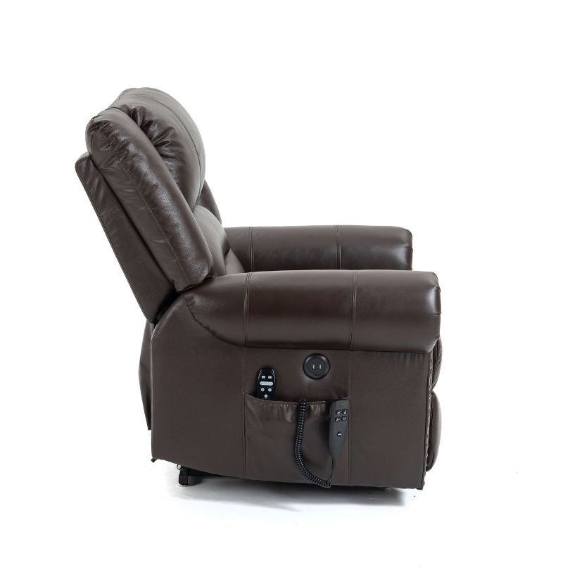 Fauteuil releveur électrique en cuir marron avec port USB, fonction massage chauffant et double moteur