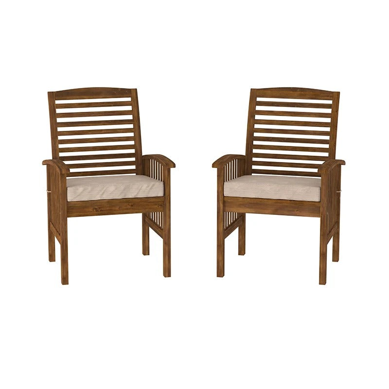Dark Brown Acacia Wood Slat-Back Patio Chair with Cushions - Set of 2